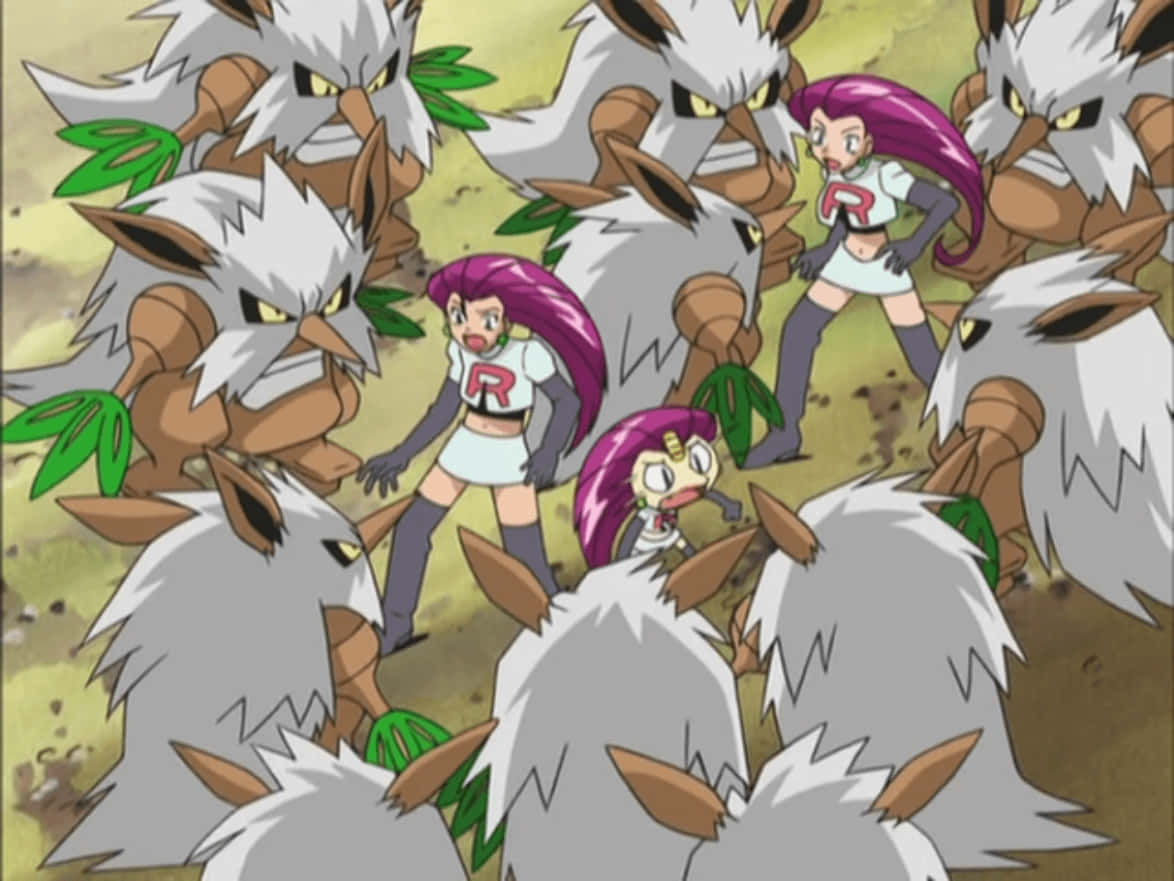 Shiftry包圍Jessie與Meowth 壁紙 — 兩名火箭兵團成員面對一群憤怒的白毛寶可夢，形成緊張對峙。