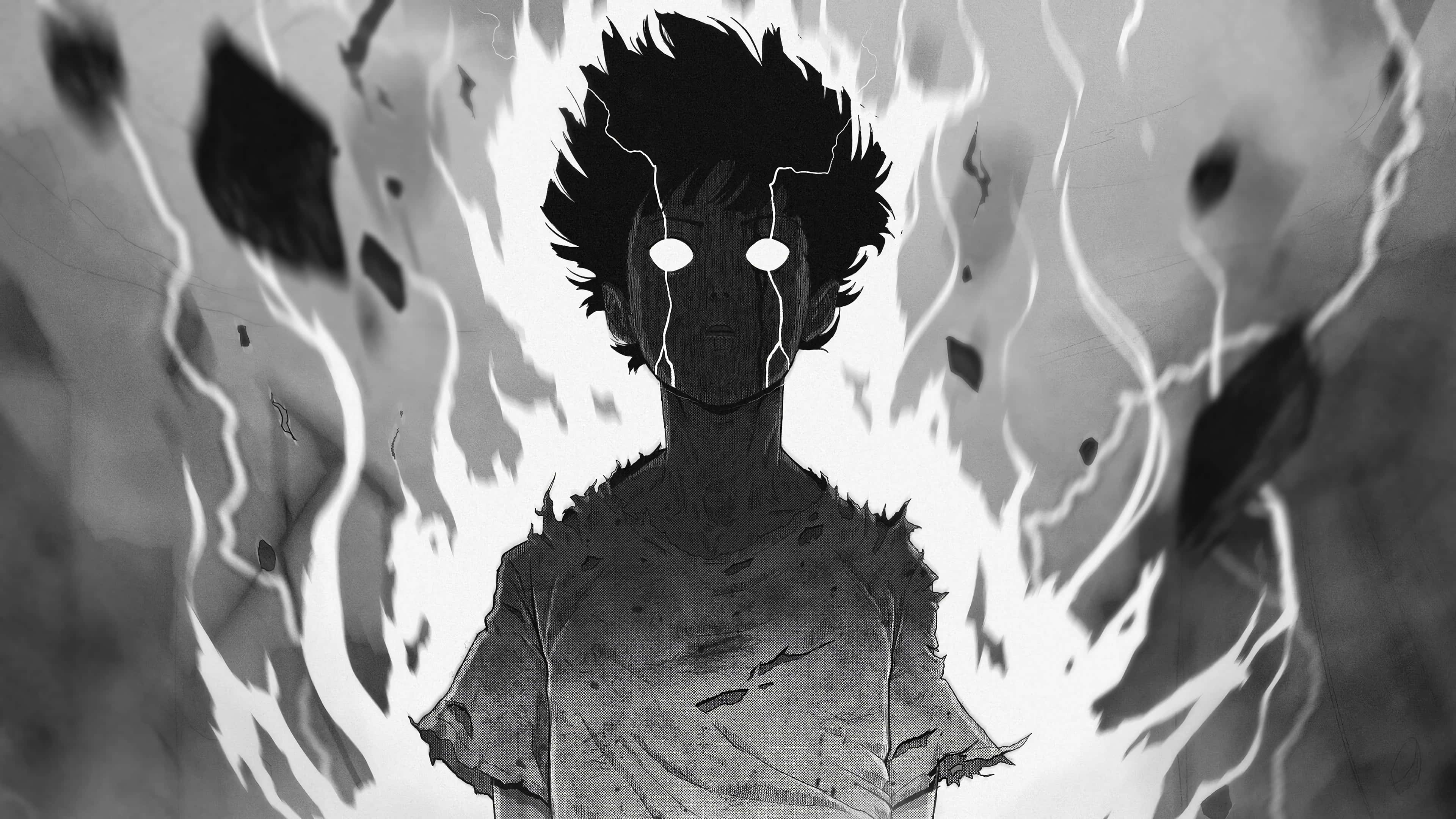 《靈能百分百》恐怖版 Shigeo 畫 壁紙 — 一個單色動漫角色，擁有尖刺頭髮和發光的眼睛，周圍環繞著噼啪作響的能量和漂浮的碎片。