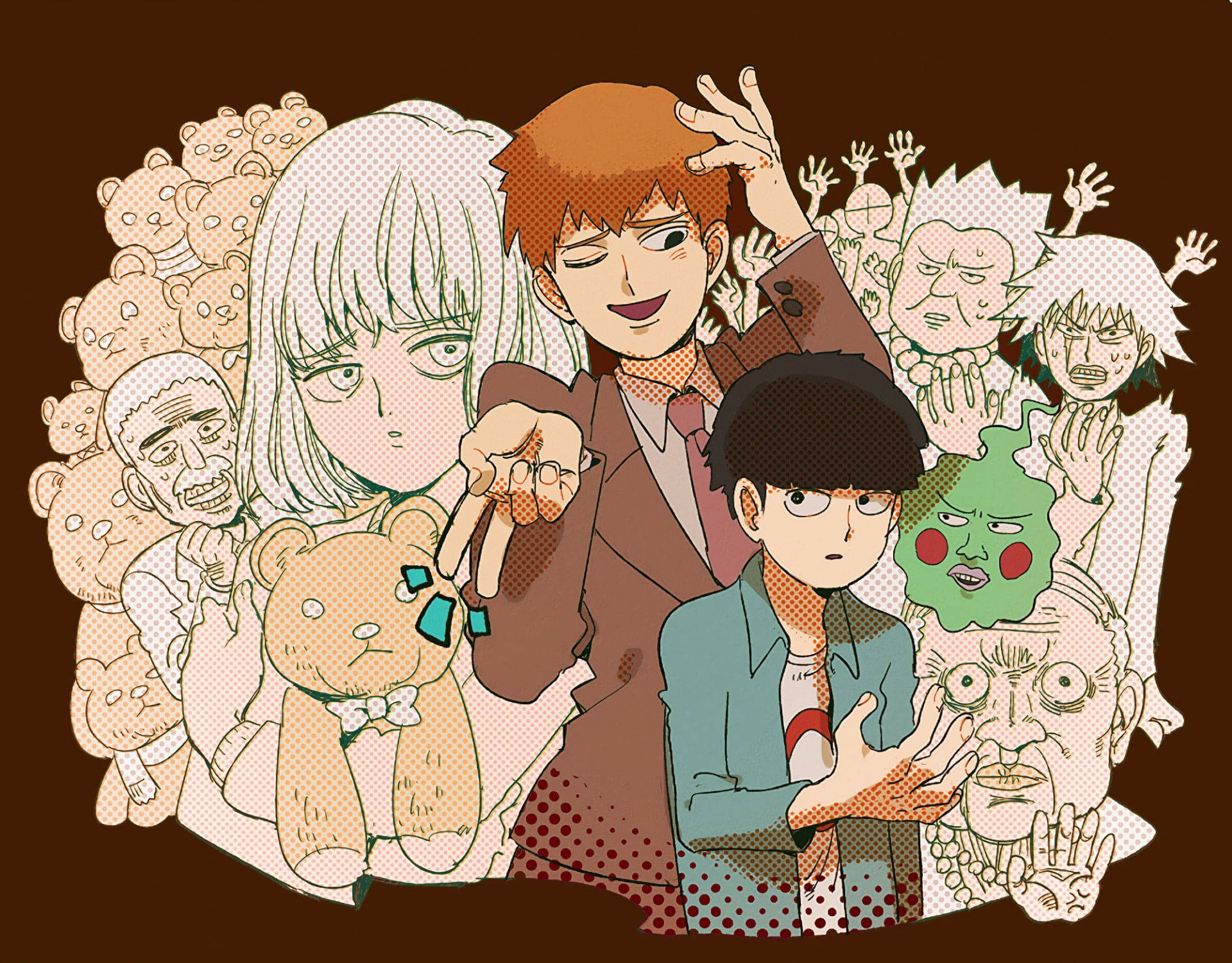 Shigeo Kageyama 達到靈能極限 壁紙 — 動漫角色被鬼臉和泰迪熊包圍在混亂、風格化的插圖中。