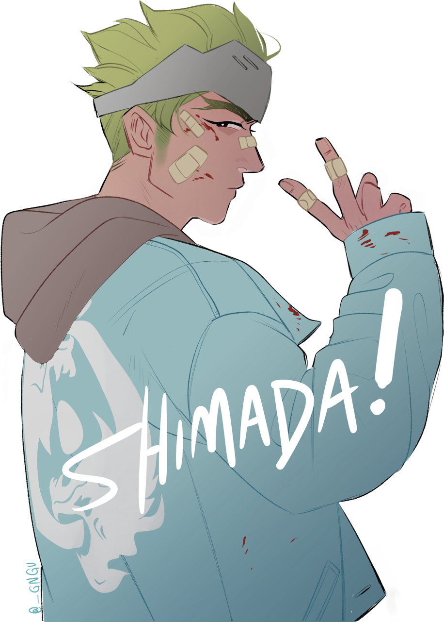 前進者 Shimada 風格插畫 壁紙 — 一個風格化的動漫角色，綠色頭髮，臉上和手指纏著繃帶，在黑色背景前比出和平手勢。