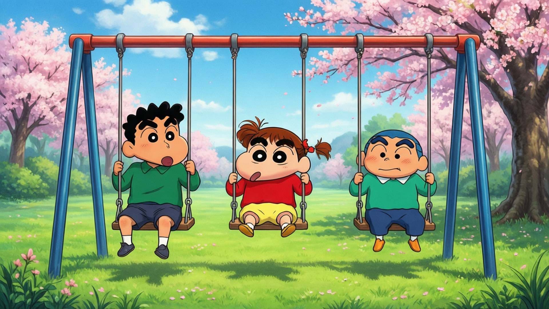 三個卡通小孩在長滿草的公園裏，在盛開的櫻花樹下盪鞦韆。