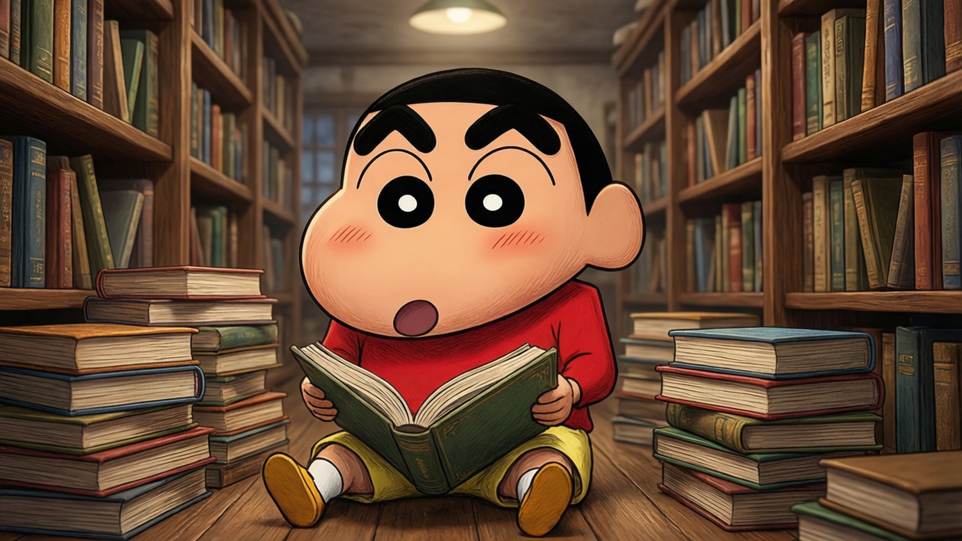 卡通男孩穿紅色襯衫坐在木地板上，周圍是書堆在圖書館
