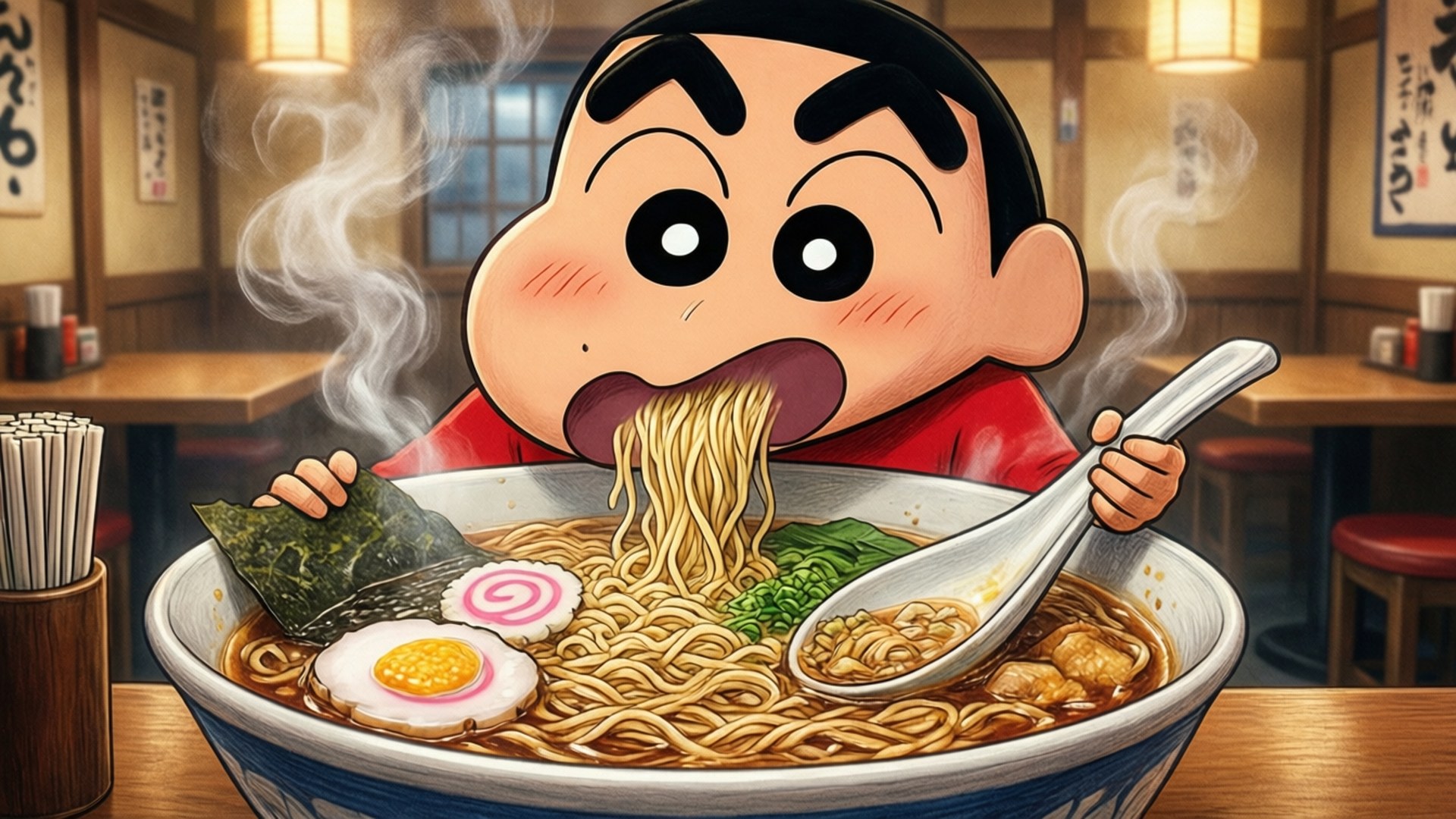 蠟筆小新喺日本餐廳食緊熱騰騰嘅拉麵