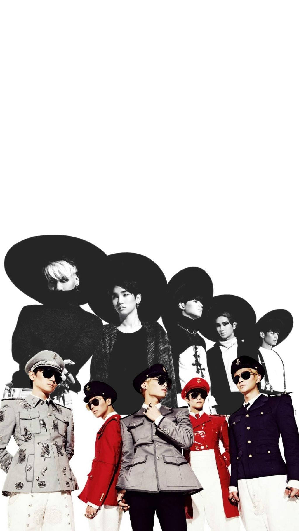 SHINee 軍事美學 壁紙 — 七位時尚男士身穿軍事風格服裝和太陽眼鏡，在純白背景前擺姿勢，身後有鮮明的黑色剪影。