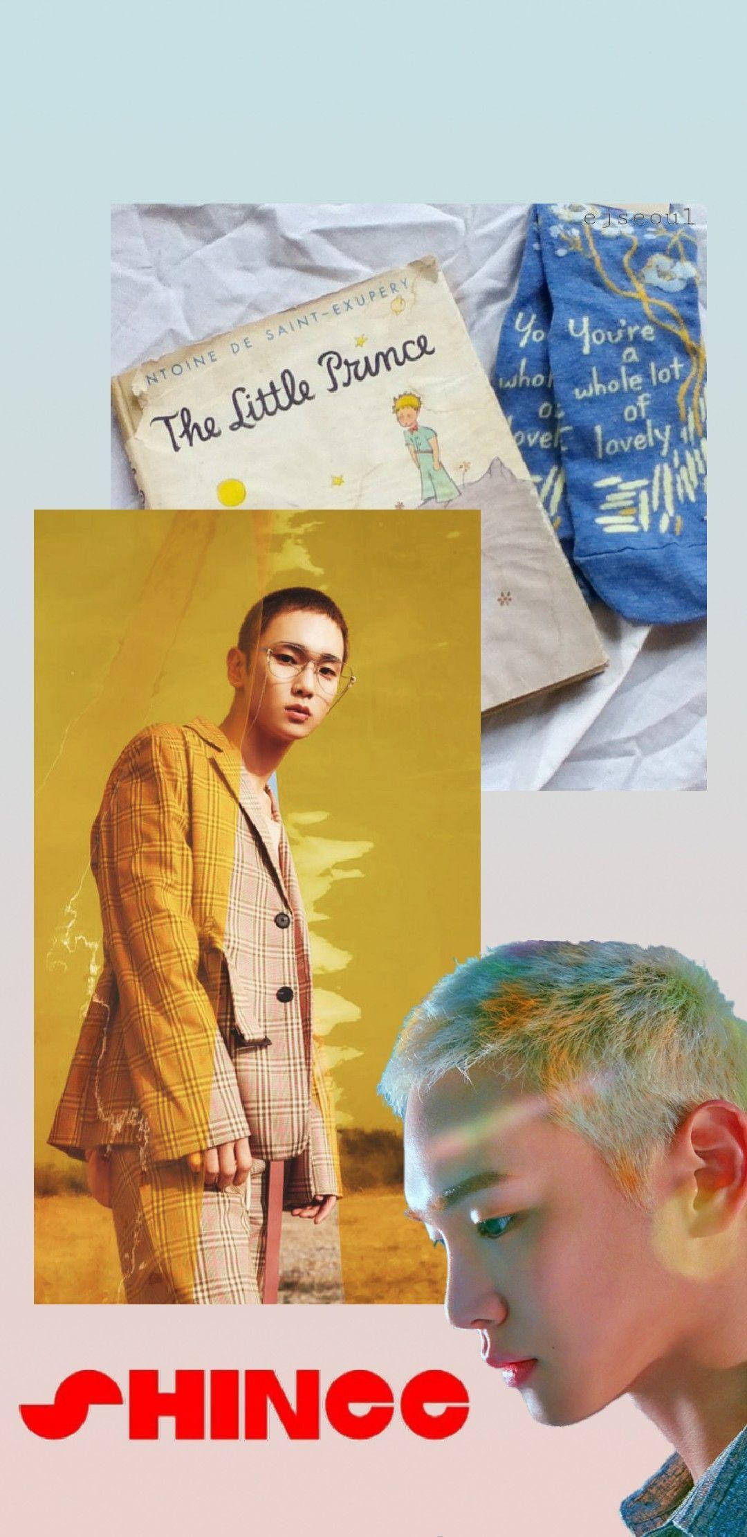 SHINee 小王子美學 壁紙 — 一幅拼貼畫，包含一本《小王子》書籍、一塊藍色圖案布料，以及兩幅在溫暖金色背景前、頭髮色彩繽紛的男士肖像。
