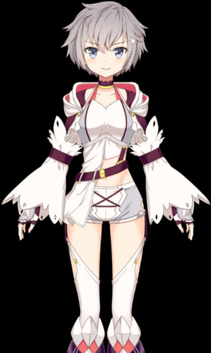 Shinobu角色站姿 壁紙 — 銀髮藍眼動漫女孩，身穿白色和紫色裝甲服，背景為黑色。