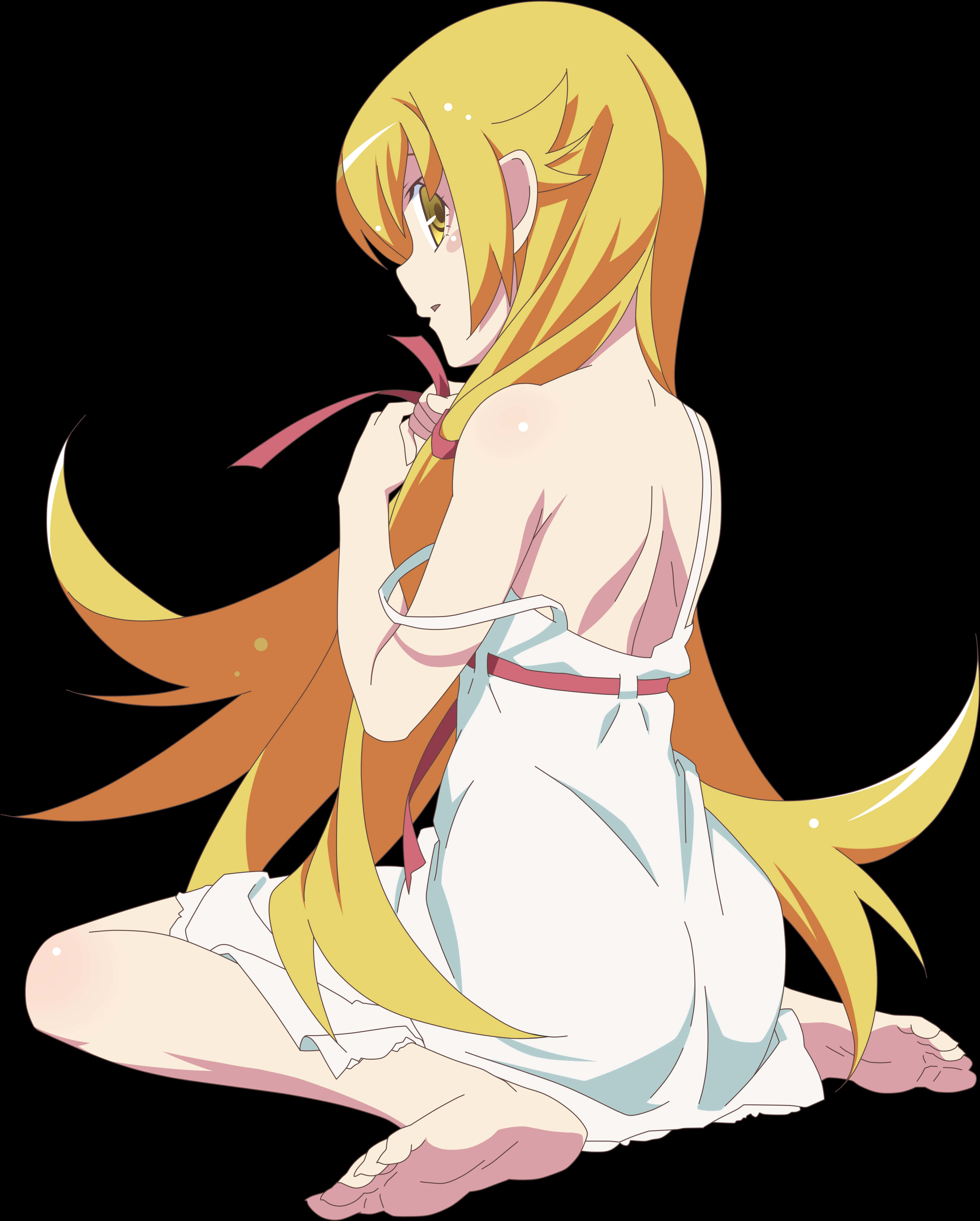 Shinobu角色坐姿 壁紙 — 一個金髮動漫女孩穿著白色連衣裙，盤腿坐在黑色背景前，長髮飄逸，雙眼半閉，靜靜沉思。