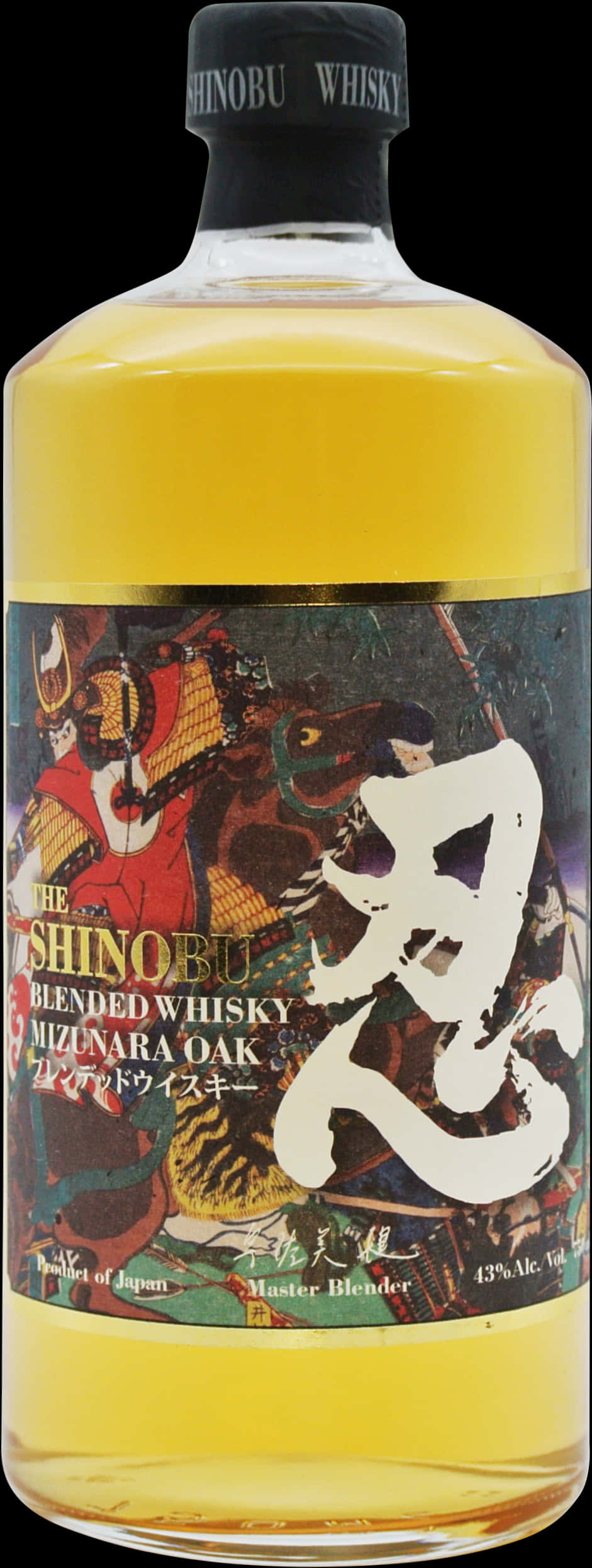 Shinobu調和威士忌 混合橡木桶 壁紙 — 一瓶忍調和威士忌，標籤色彩鮮豔，在深色背景上描繪了武士和大型白色漢字。