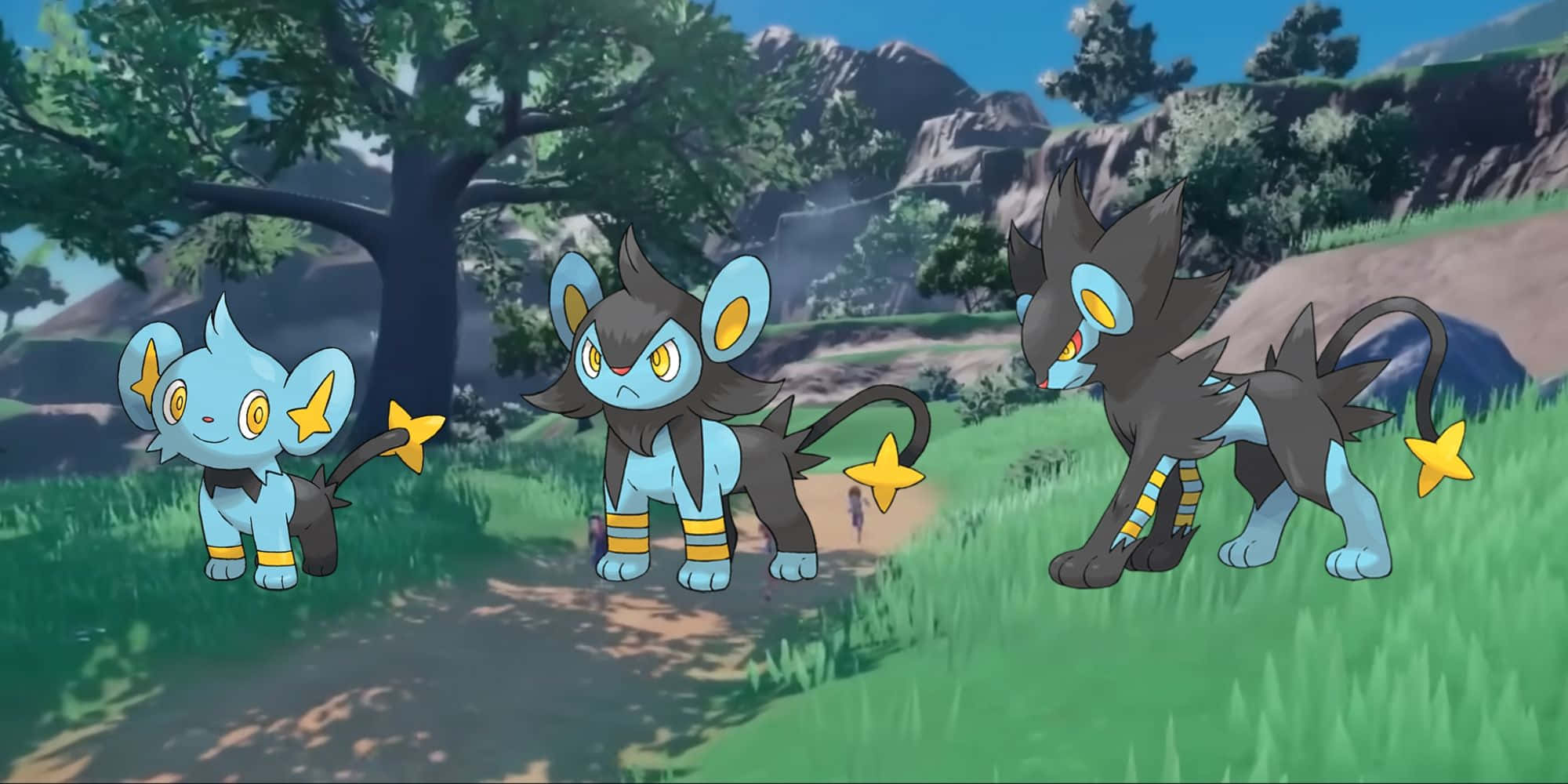 Shinx、Luxio、Luxray 野外冒險 壁紙 — 三隻霓虹魚寶可夢站在一棵樹下的草地上，背景有山脈。