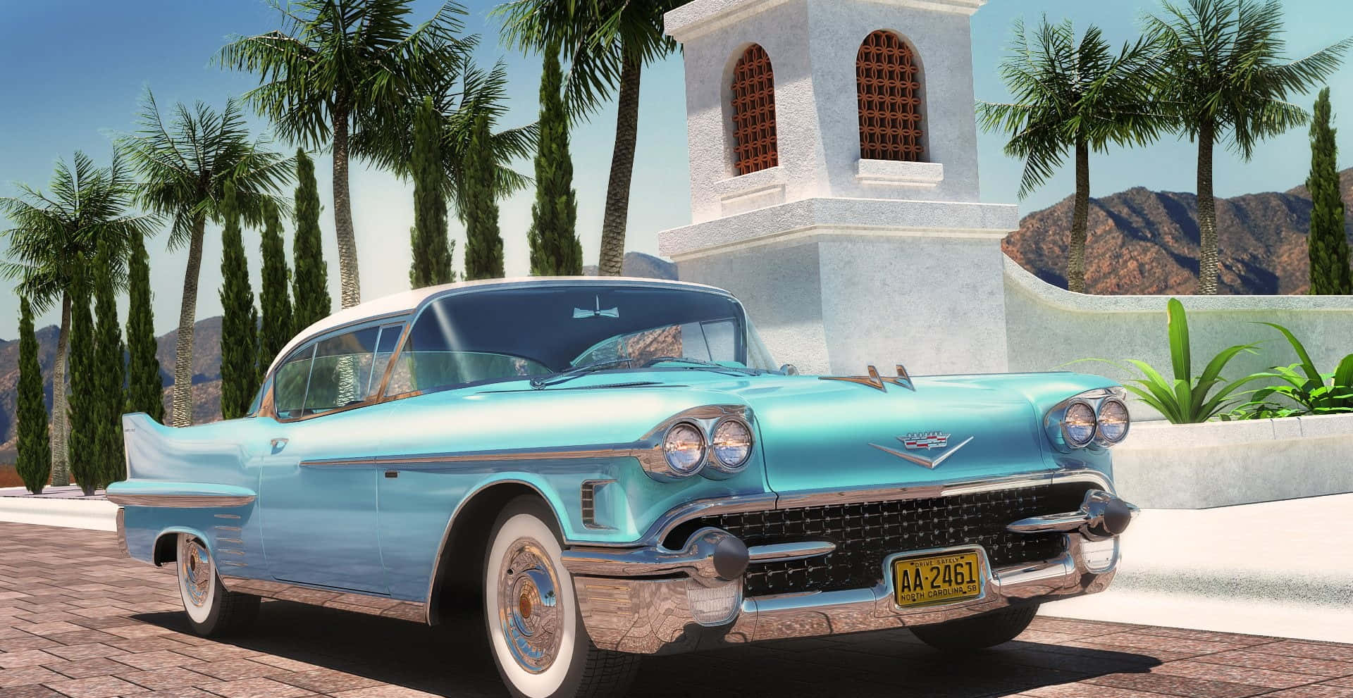 Cadillac Deville 桌布 壁紙 — 一輛閃亮的淺藍色1950年代凱迪拉克停泊在瓷磚車道上，旁邊有棕櫚樹和一座白色小教堂，在清澈的藍天下。