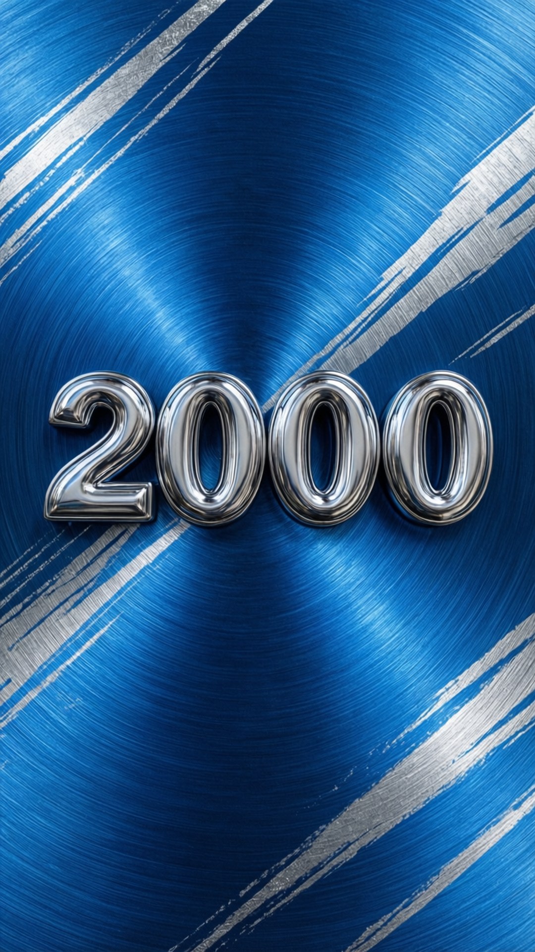 Chrome Millennium 壁紙 — 閃亮金屬質感的2000數字居中於充滿活力的藍色拉絲金屬背景上，帶有銀色條紋。