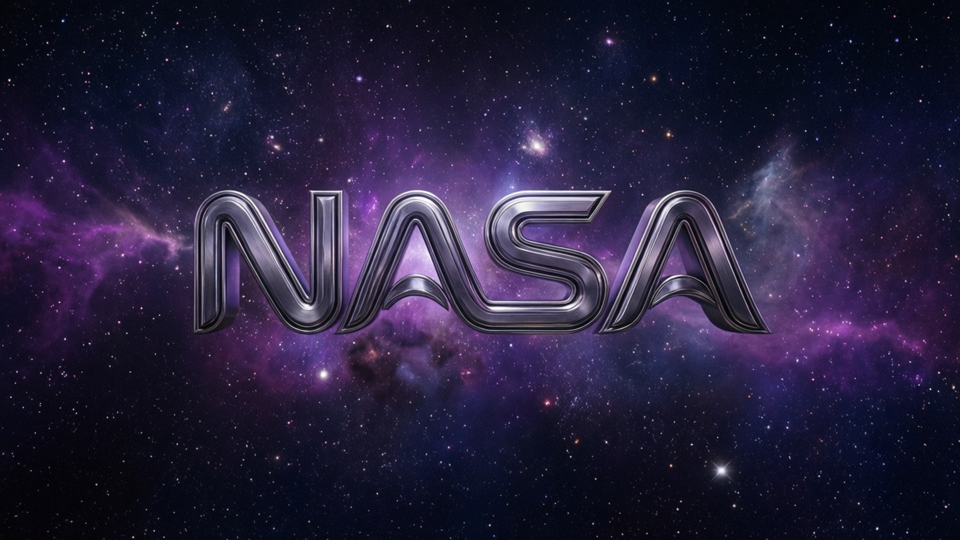 金屬3D NASA標誌在繁星點點的紫色星系背景上。