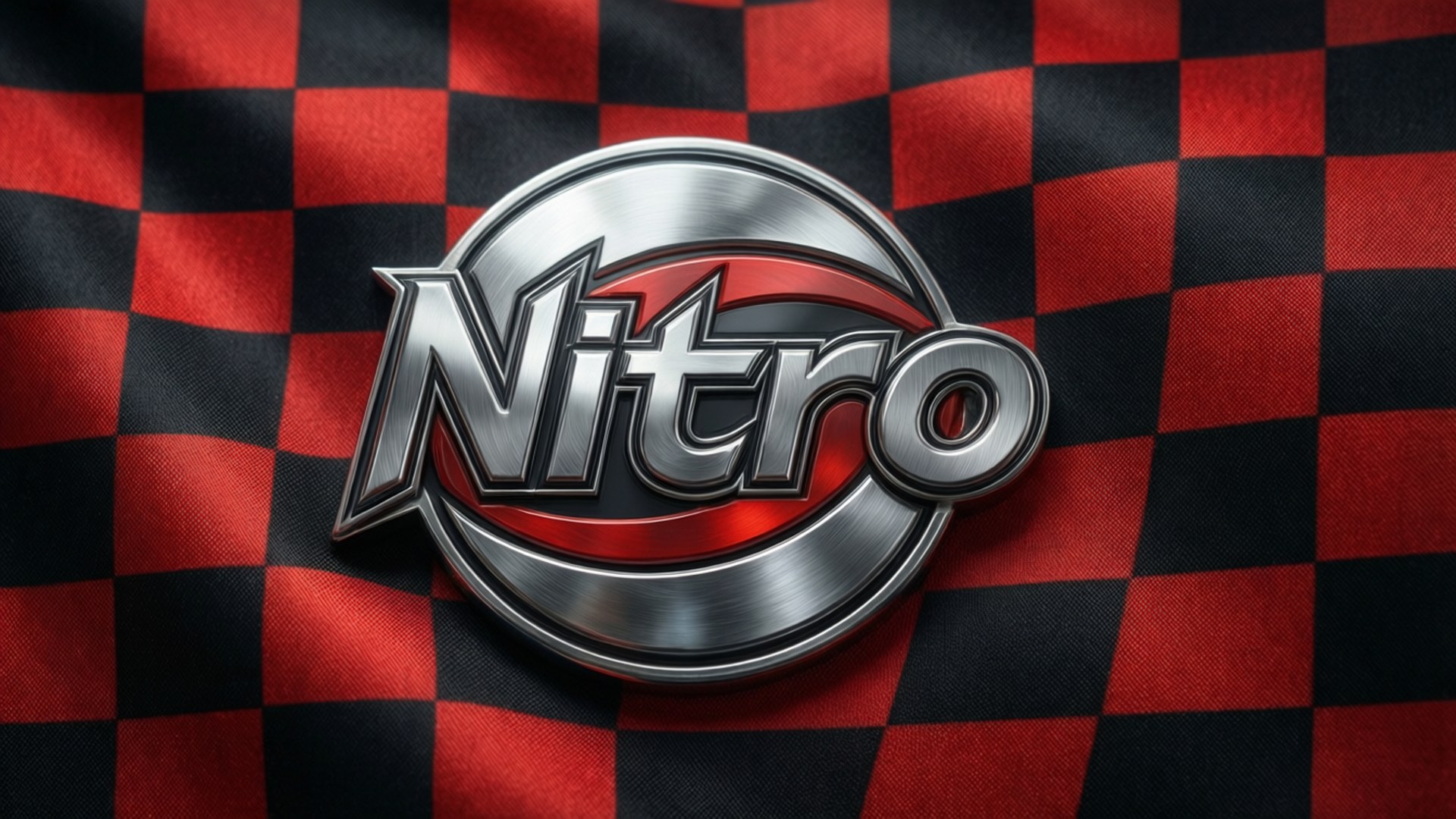 Nitro 桌布 壁紙 — 一個帶有紅色點綴的光亮金屬Nitro標誌，居中放置在紅黑格仔賽車旗上。