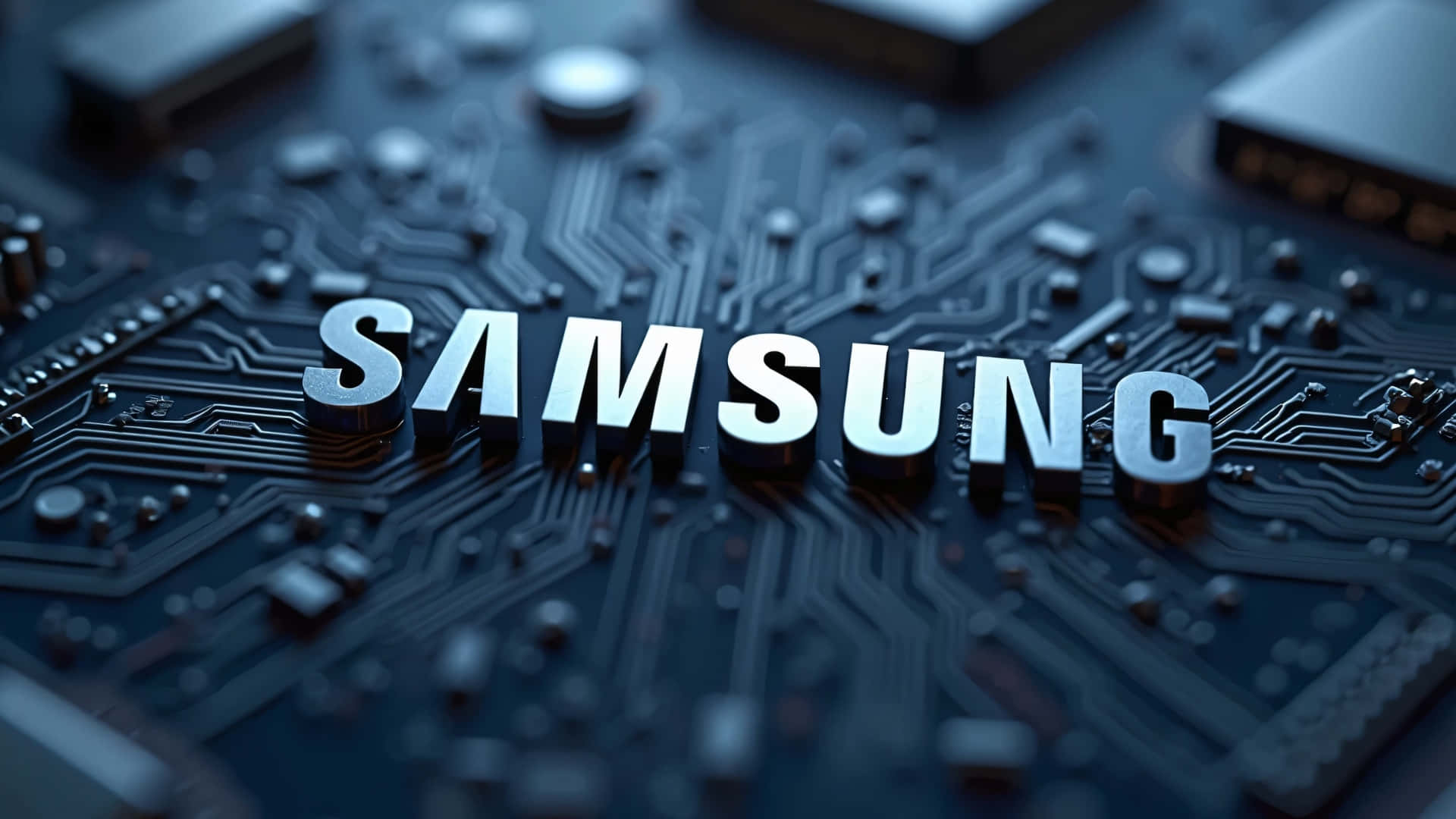  壁紙 — 閃亮的銀色Samsung字母從細節豐富的深藍色電路板上升起，帶有發光的金屬亮點。
