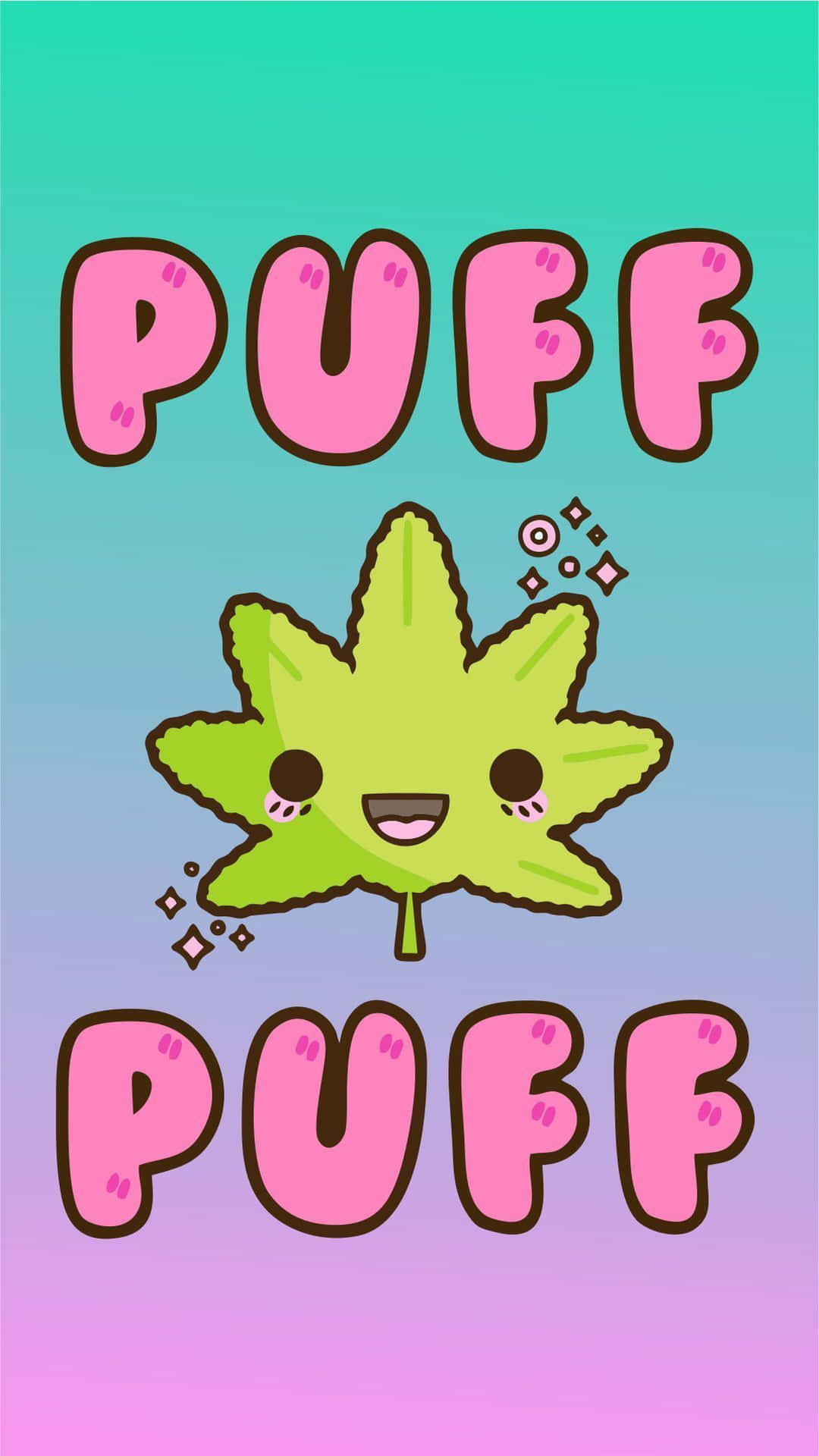 微笑的卡通楓葉，在漸變背景上粉紅色 puff 文字之間帶有閃光。