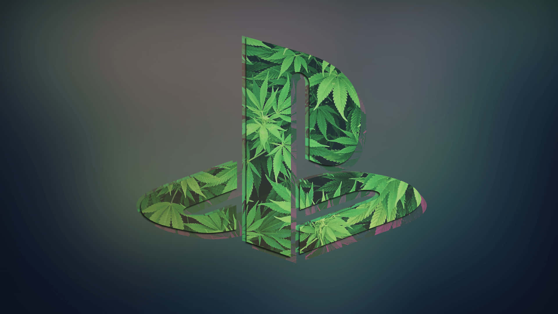 用「Shit Dope Weed」嗨起來 壁紙 — 一個PlayStation標誌，充滿鮮豔的綠色大麻葉，背景為深色漸變。