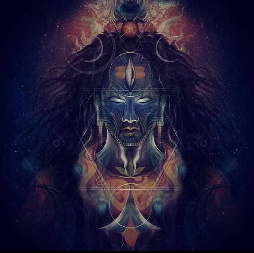 一位藍色皮膚的宇宙神祇，頭髮飄逸，伴隨著幾何符號，在星空夜空下。