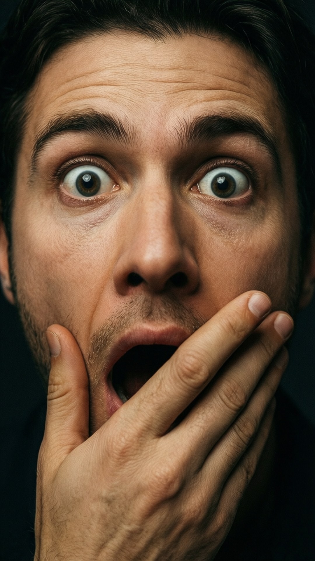 Man with wide eyes and open mouth covering his mouth in shock. 壁紙