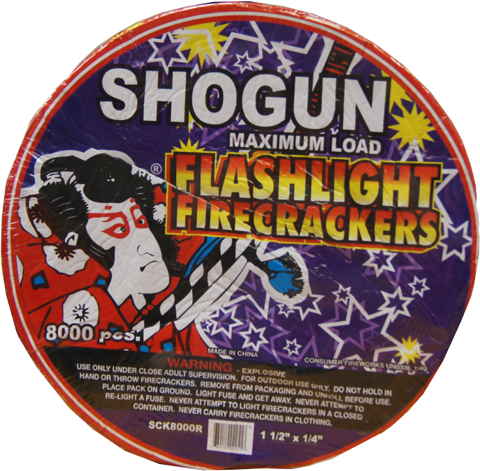 Shogun Flashlight煙花8000支 壁紙 — Shogun Maximum Load Flashlight Firecrackers 的圓形包裝以紫色星爆背景上的風格化武士戰士圖案為特色。