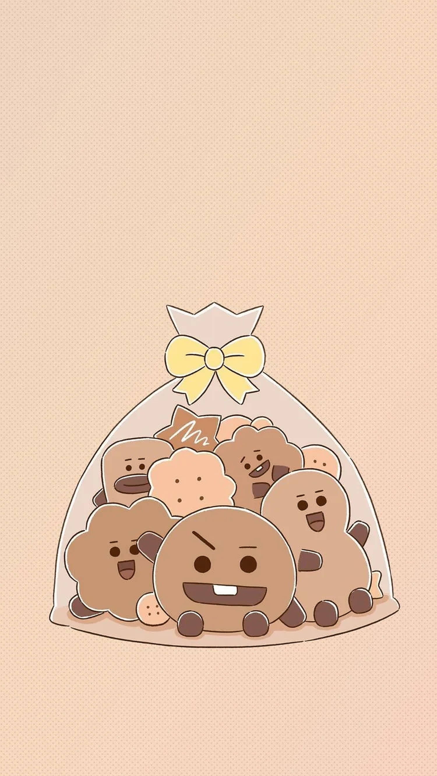 Shooky BT21 薄餅 壁紙 — 一個透明袋，裝滿帶有笑臉和黃色蝴蝶結的可愛卡通曲奇，背景是米色。