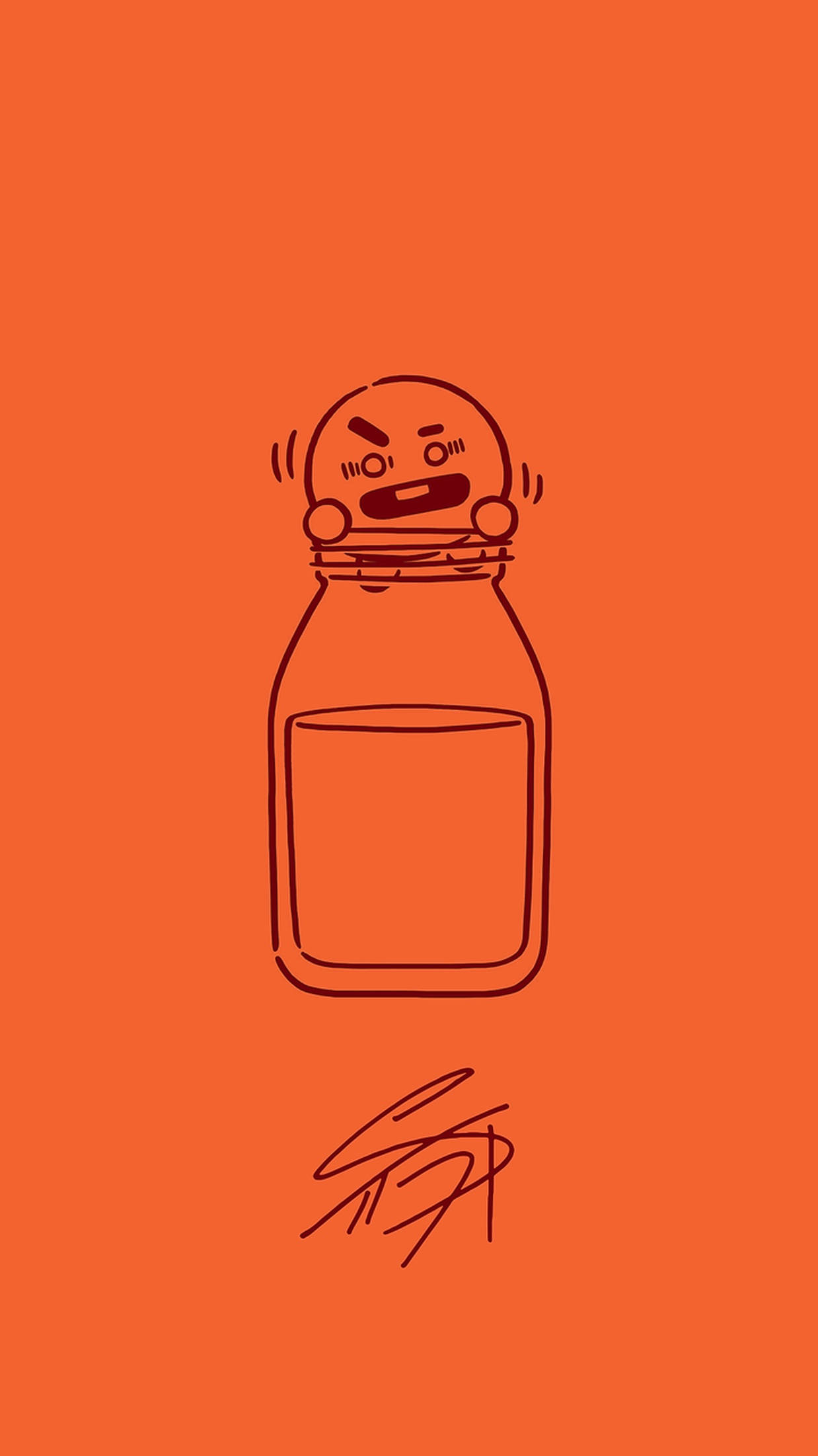 恐懼的Shooky BT21插畫 壁紙 — 一個帶有憤怒表情的卡通臉貼在玻璃罐蓋上，背景為純橙色。