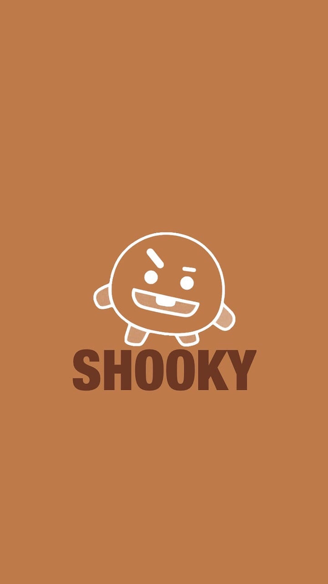 一個白色輪廓的卡通角色，帶著笑容，以及棕色背景上的SHOOKY字樣。