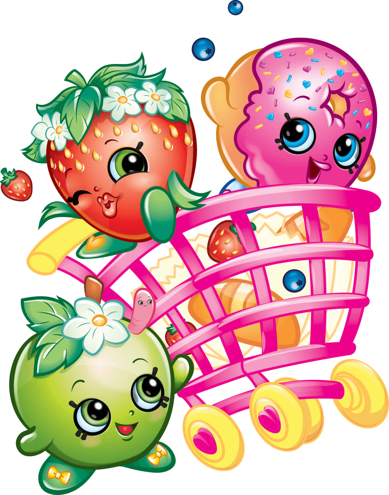 Shopkins D'lish Donut草莓與蘋果 壁紙 — 三個快樂的卡通水果角色，帶有花朵和糖粒，坐在裝滿零食的粉紅色購物車中。