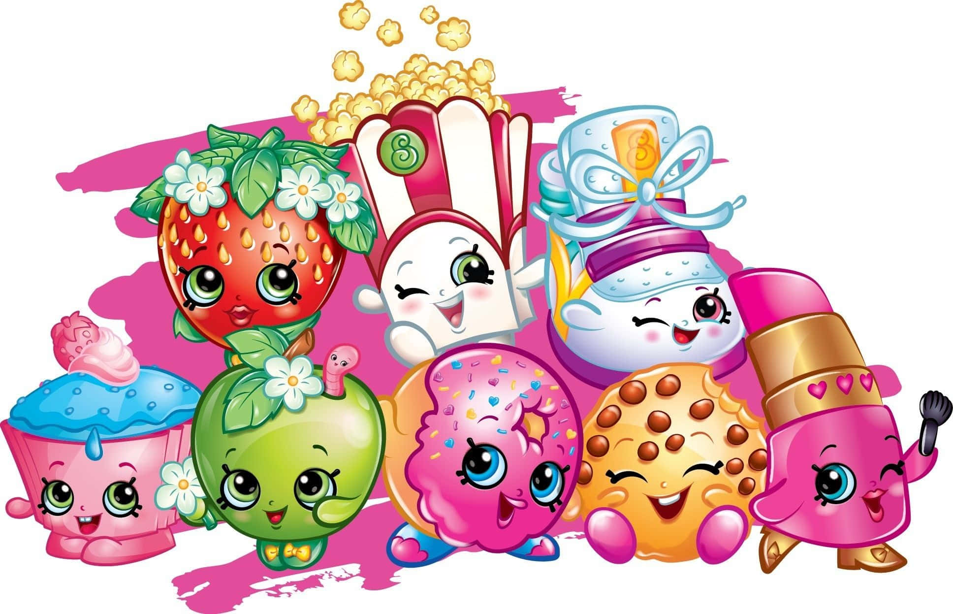 Shopkins Dash角色純白背景版 壁紙 — 一群歡樂的卡通食物角色，例如士多啤梨、杯子蛋糕和曲奇，有大眼睛和笑容。
