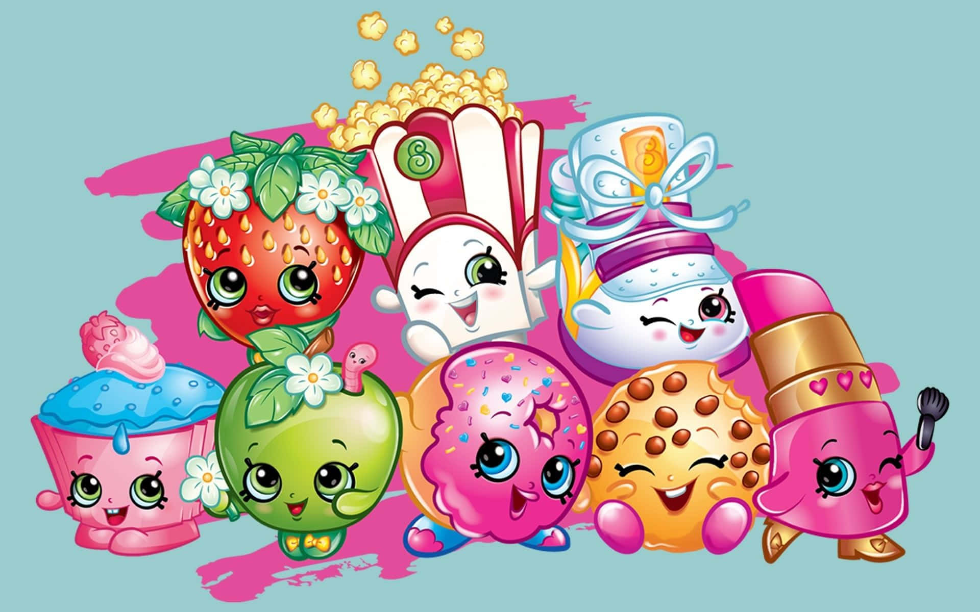 Shopkins Dash角色群像 壁紙 — 一群快樂的卡通食物角色，例如草莓、杯子蛋糕和曲奇，有大眼睛和笑容，背景是粉彩色。