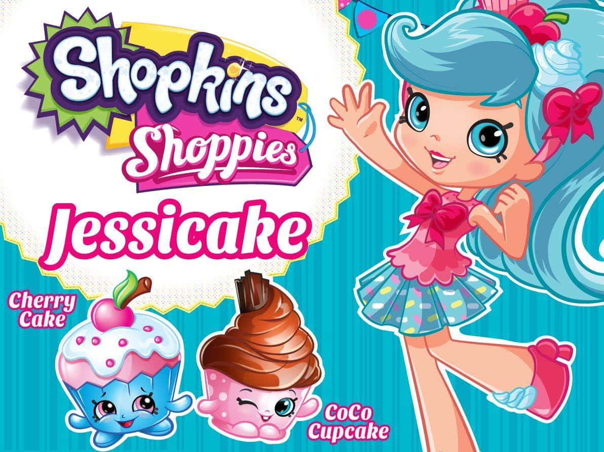 Shopkins Shoppies Jessicacake海報 壁紙 — 一個開心的Shopkins角色Jessica，藍色頭髮，在明亮的藍綠色背景前，與兩個紙杯蛋糕朋友一起揮手。