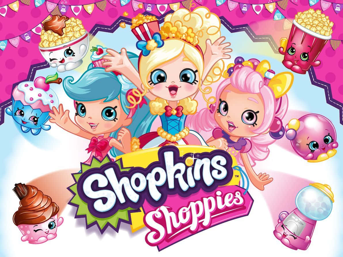Shopkins Shoppies電影截圖縮圖 壁紙 — 三個快樂的Shopkins Shoppies角色，帶有糖果主題配件和笑臉，被動畫食物包圍。