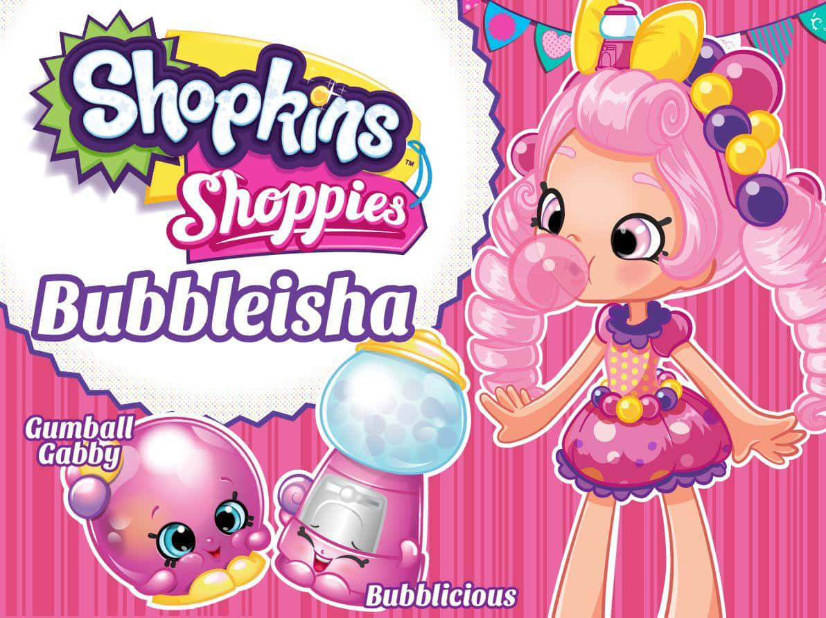 Shopkins Shoppies Bubbleisha海報 壁紙 — 一個充滿活力的卡通插圖，描繪Shopkins角色Bubbleisha吹泡泡，擁有粉紅色捲髮和泡泡主題配飾。