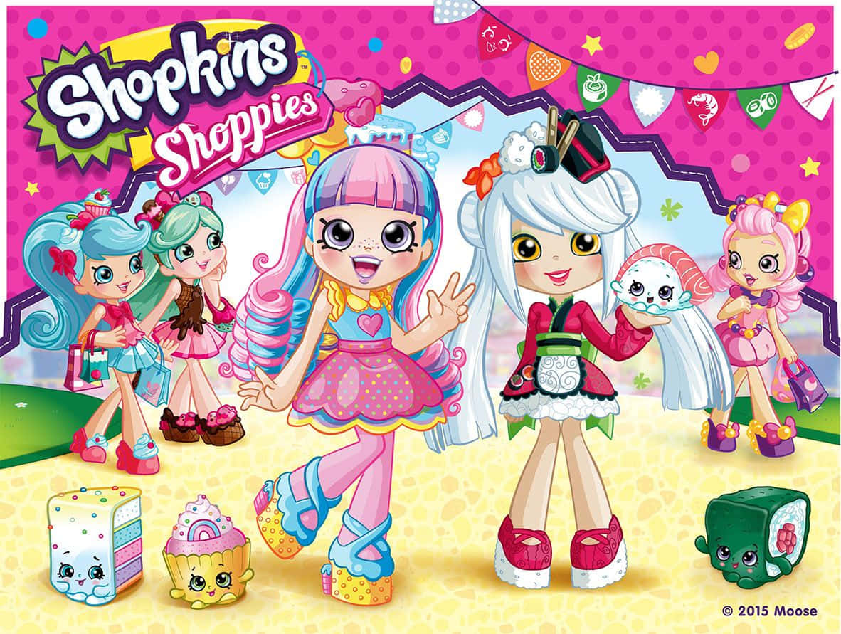 Shopkins Shoppies集體海報 壁紙 — 充滿活力的卡通角色，擁有色彩繽紛的頭髮和食物主題的服裝，在節日粉紅色背景前愉快地擺姿勢。