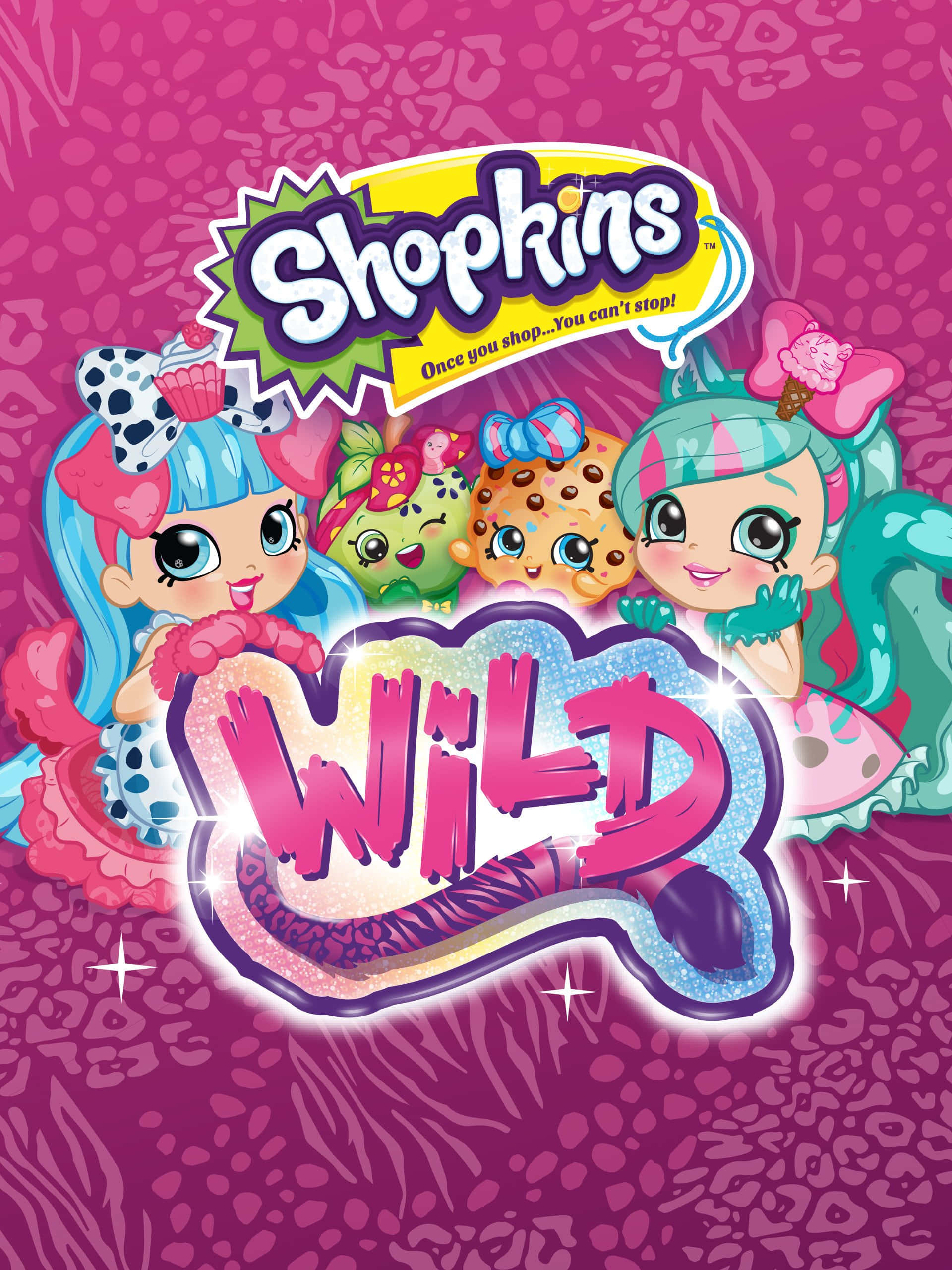 《Shopkins Wild》電影海報 壁紙 — 色彩繽紛的Shopkins角色，擁有糖果主題的頭髮和閃亮的「WILD」標誌，在粉紅色豹紋背景上格外突出。