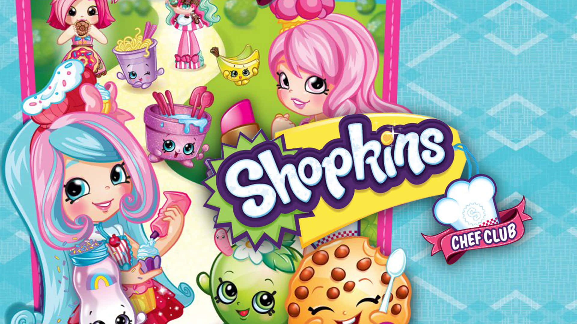 Shopkins廚師俱樂部電影截圖縮圖 壁紙 — 色彩繽紛的Shopkins角色，擁有粉紅色頭髮和食物主題的臉孔，圍繞著明亮的黃色標誌愉快地微笑。