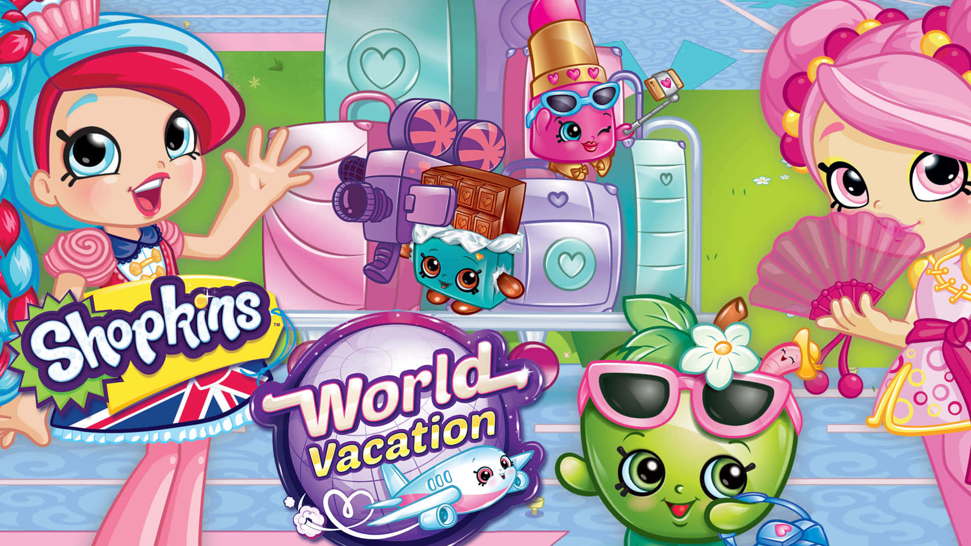 《Shopkins世界假期》電影海報HD 壁紙 — 來自 Shopkins World Vacation 的鮮豔卡通人物，與糖果主題的車輛和旅行裝備愉快地擺姿勢。