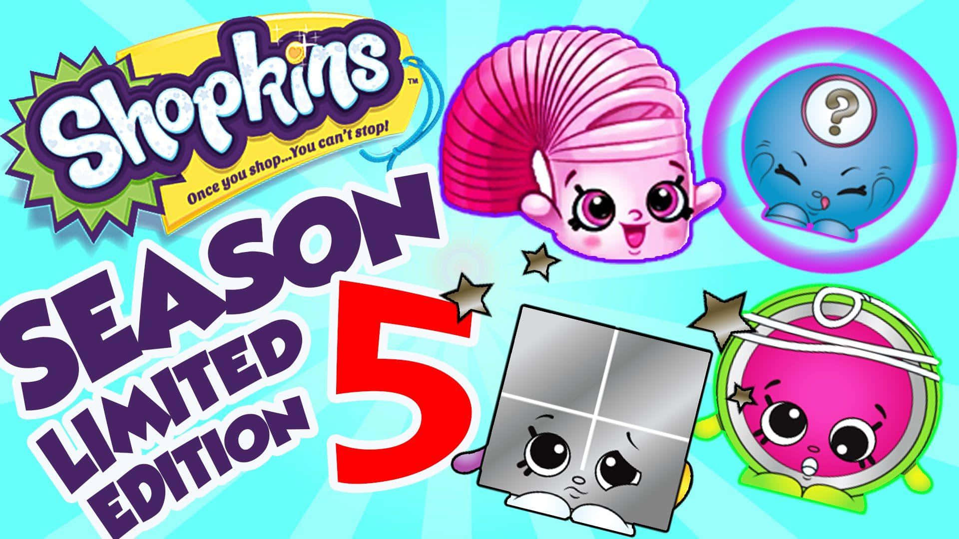 Shopkins第五季限定版海報 壁紙 — 充滿活力的卡通Shopkins角色，擁有富有表現力的眼睛和色彩繽紛的設計，在明亮的青色背景上爆發，並以粗體文字宣佈第5季。