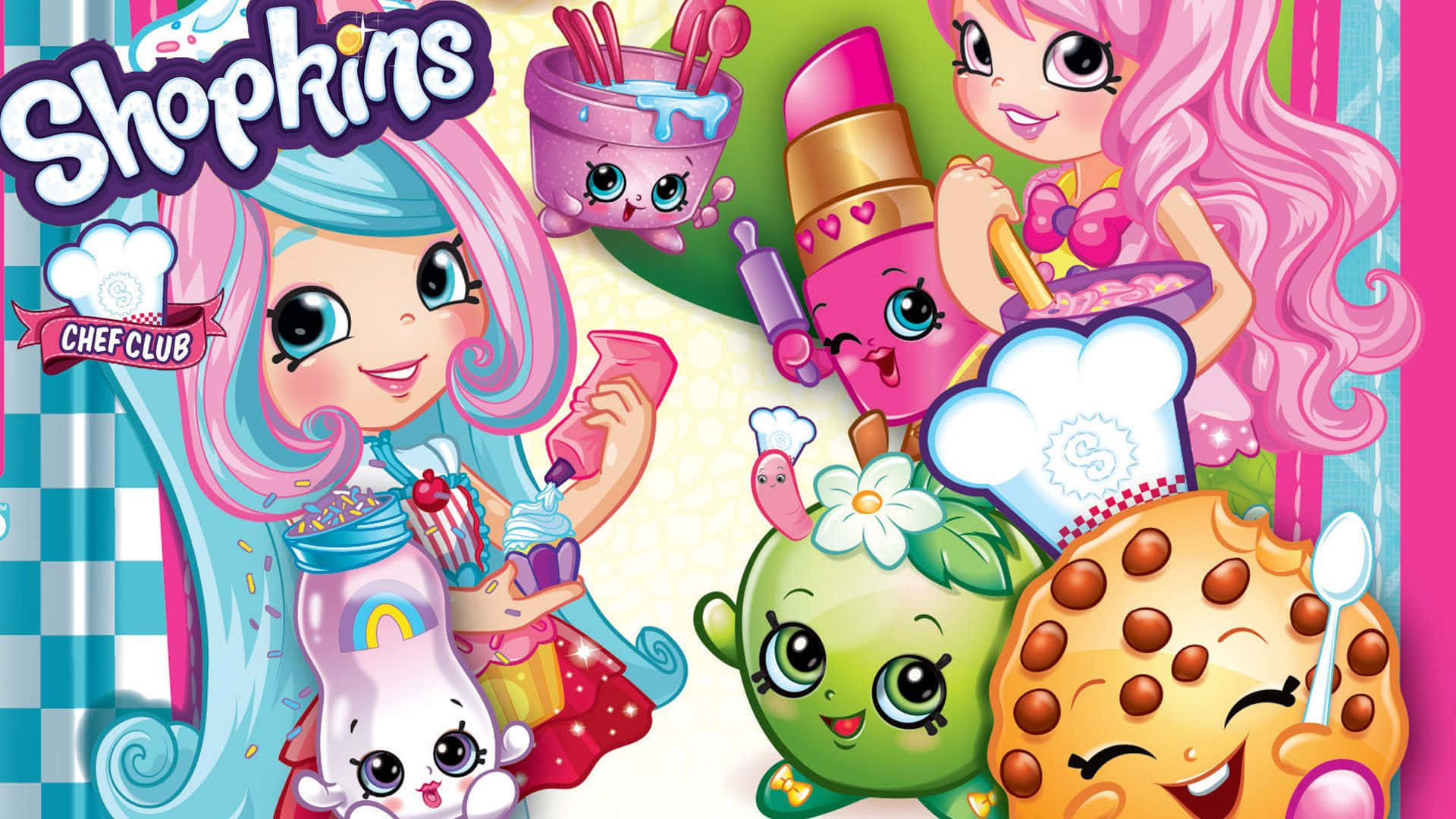 Shopkins電影海報HD 壁紙 — 來自Shopkins Chef Club的鮮豔卡通人物在有趣的廚房場景中快樂地烘焙和裝飾色彩繽紛的甜點。
