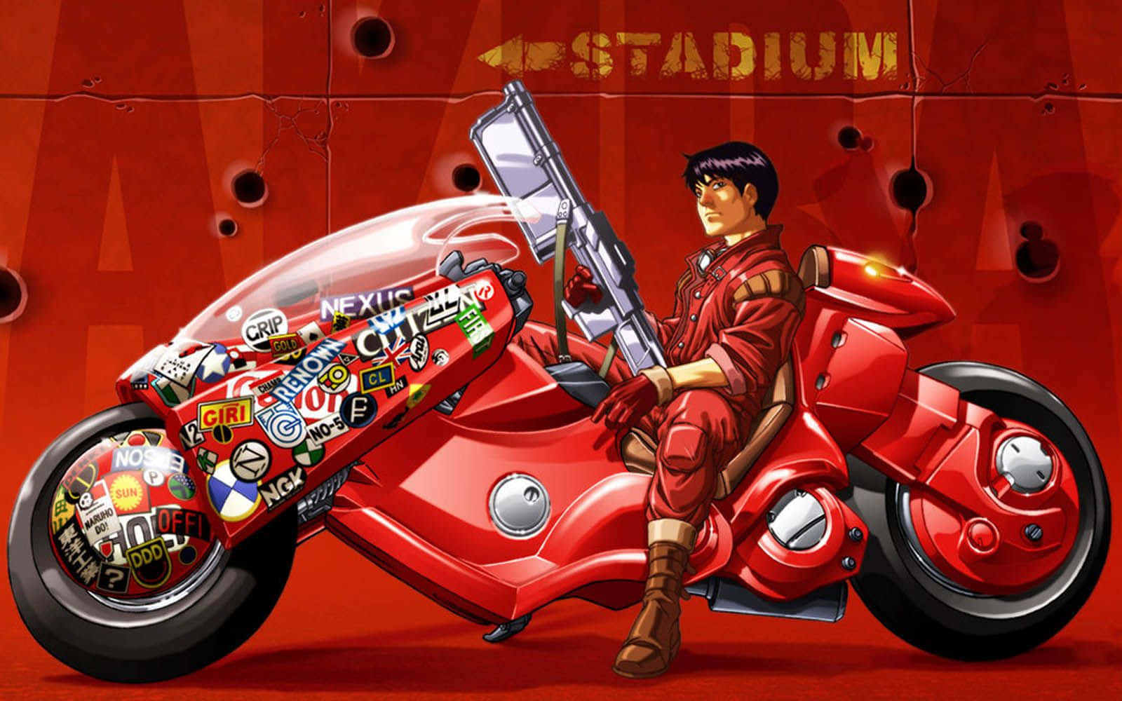 Shotaro Kaneda 的 Akira 背景 壁紙 — 一輛紅色電單車貼滿貼紙，車手手持槍支，對著佈滿彈孔的紅色牆壁。