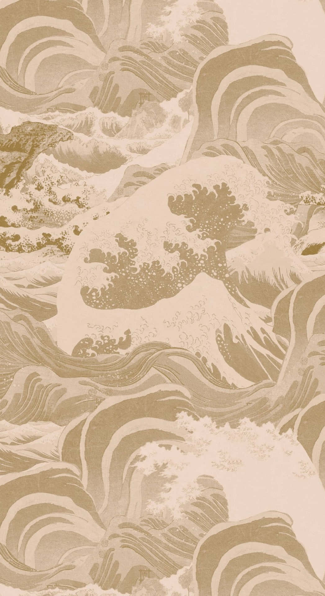  壁紙 — 受葛飾北齋《神奈川沖浪裏》啟發的單色波浪圖案，以棕褐色調和複雜線條呈現。