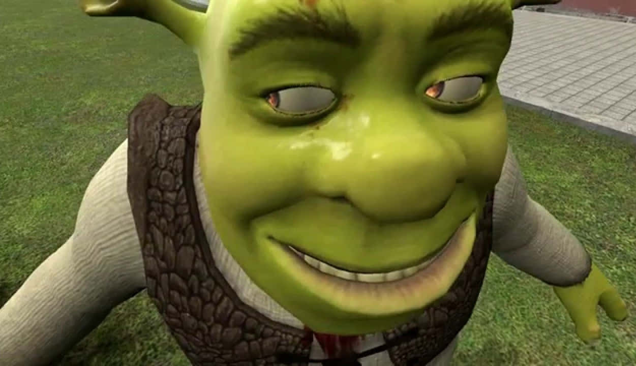 Shrek 正做出滑稽表情！ 壁紙 — 史力加近鏡微笑，眼睛下垂，綠色皮膚，背景是草地和行人路。
