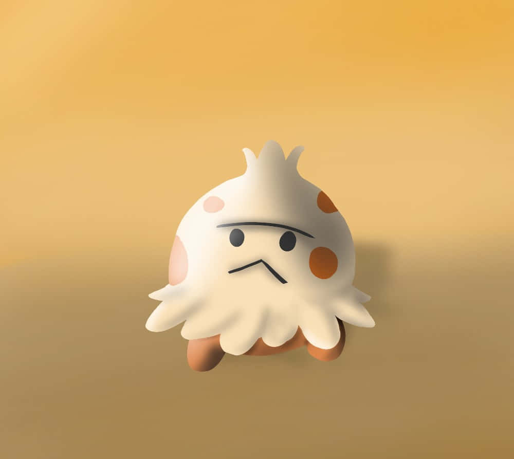 閃亮版 Shroomish 3D 模型 壁紙 — 一個可愛的白色毛茸茸生物，帶有橙色斑點和不高興的表情，漂浮在溫暖的漸變背景上。