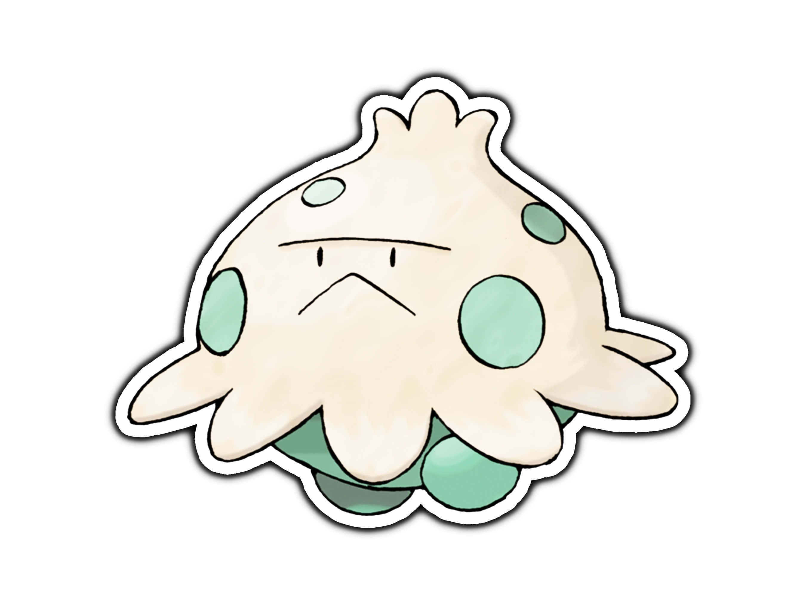 帶有輪廓的Shroomish 壁紙 — 一隻可愛的奶油色動漫生物，帶有藍綠色斑點和不高興的表情，背景為純白色。