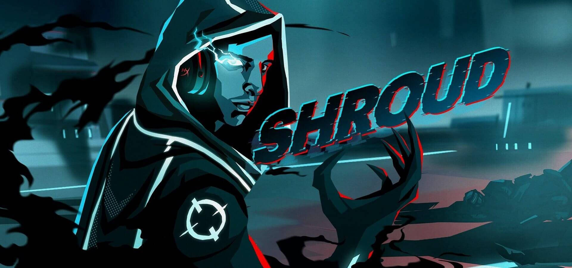動畫 Shroud 遊戲海報 壁紙 — 一個風格化的數碼藝術角色，身穿連帽斗篷，眼睛發光並帶有霓虹色調，站在黑暗的城市背景前，帶有SHROUD字樣。