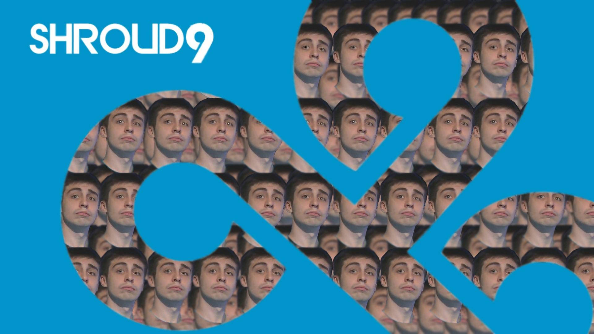 Shroud Cloud 9 搞笑圖 壁紙 — 一個大膽的藍色圖形，在純藍色背景上，抽象圓形鏤空內重複出現男性面孔圖案。