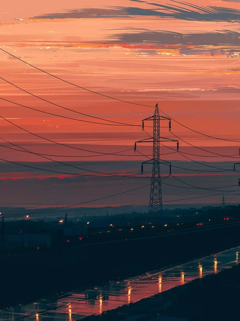 Sunset Painting 桌布 壁紙 — 一座輸電塔在熾熱的橙色日落天空襯托下形成剪影，潮濕的路面反射著下方的城市燈光。