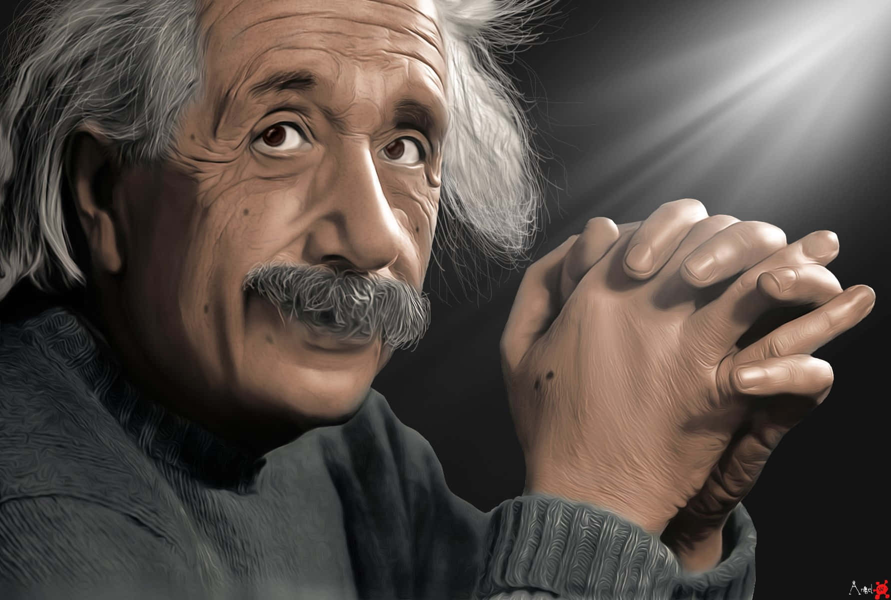 Albert Einstein 桌布 壁紙 — 一幅數碼渲染的亞伯特·愛因斯坦肖像，雙手合十，在黑暗背景下被戲劇性的背光照亮。