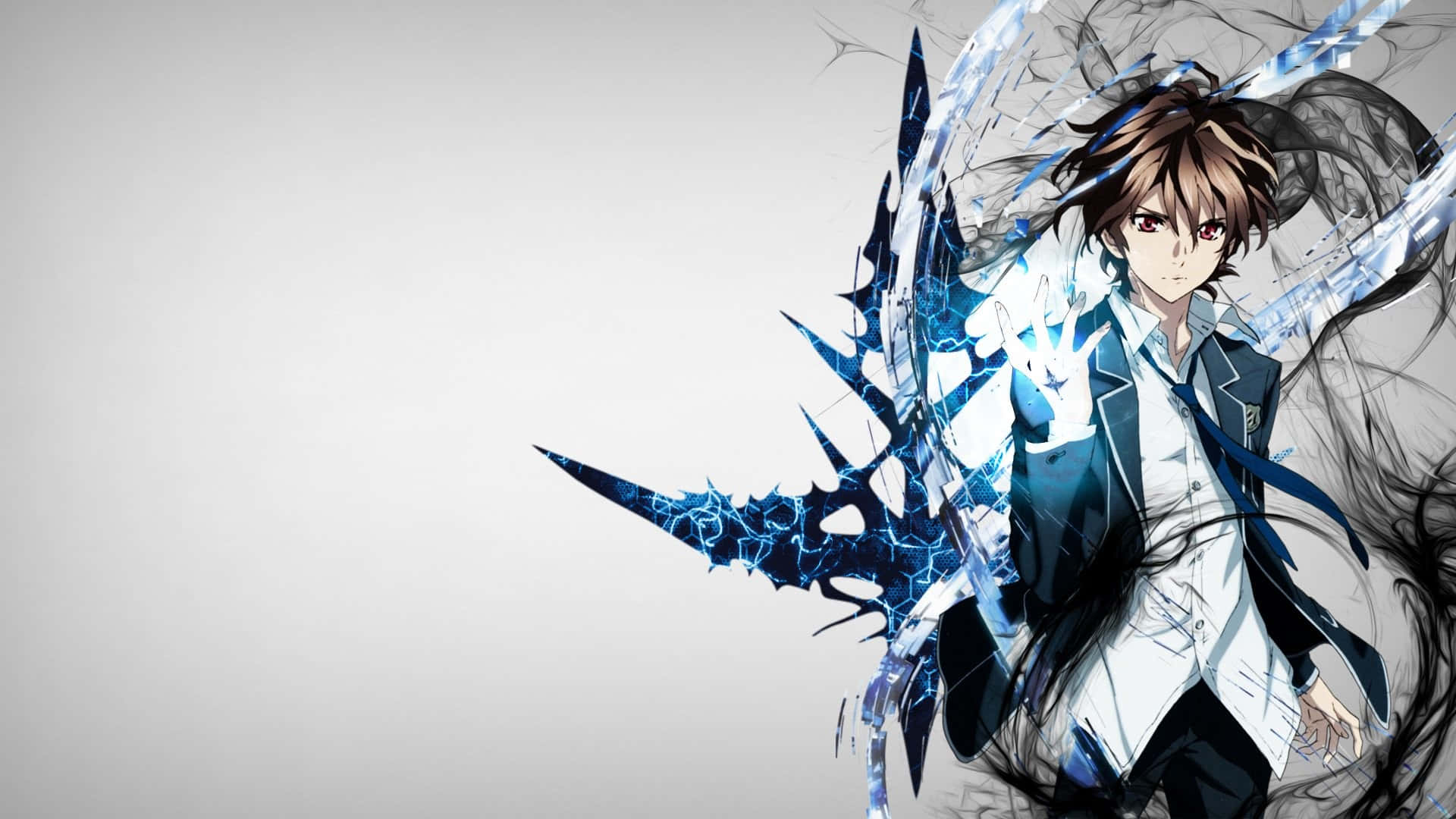 《罪惡王冠》中的男主角Shu Ouma 壁紙 — 動畫男孩，棕色頭髮，發光的藍色能量翅膀，站在純灰色背景前。