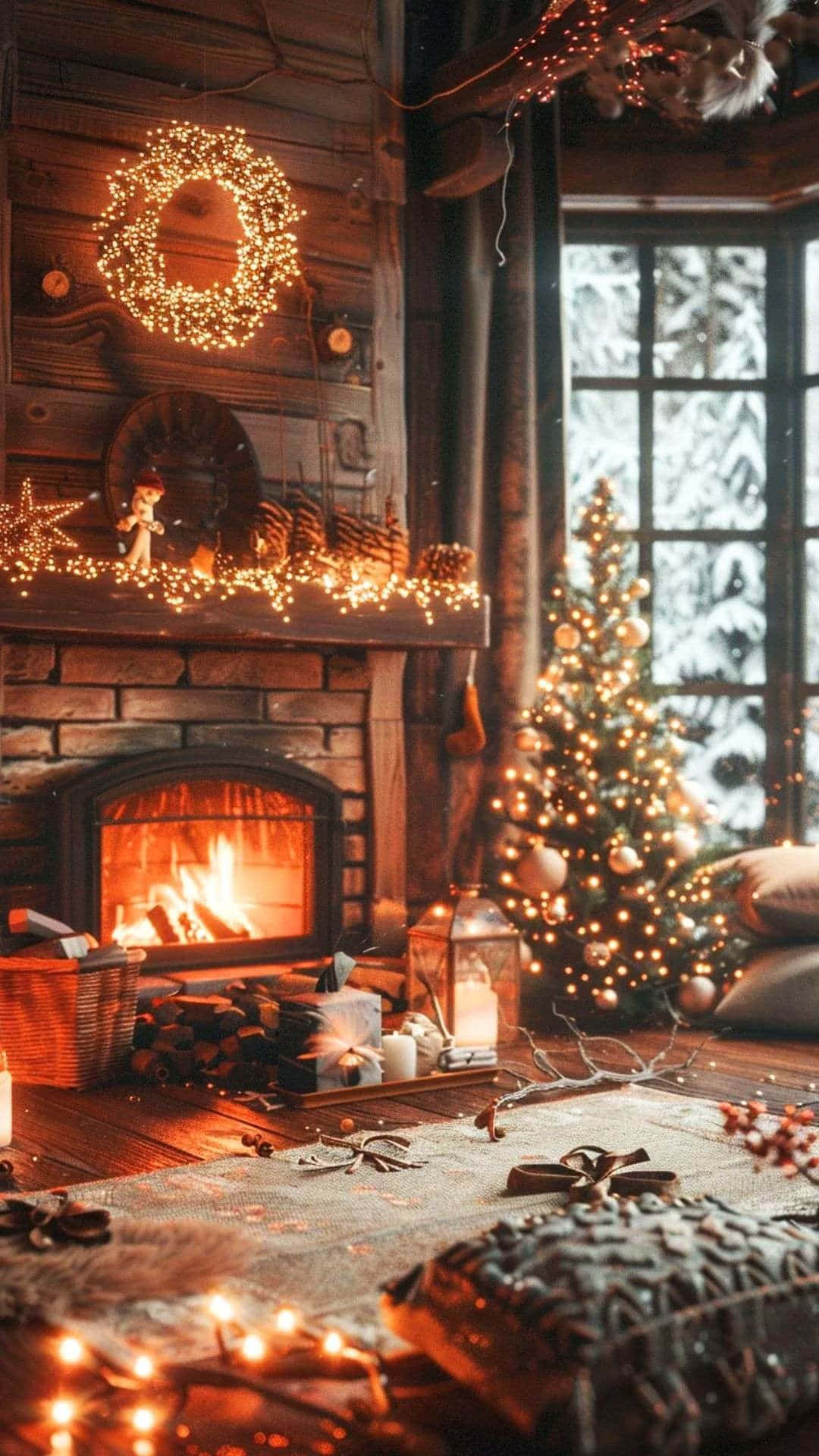  壁紙 — 舒適的冬季小屋內部，配有發光的壁爐、節日燈飾和雪景窗戶。