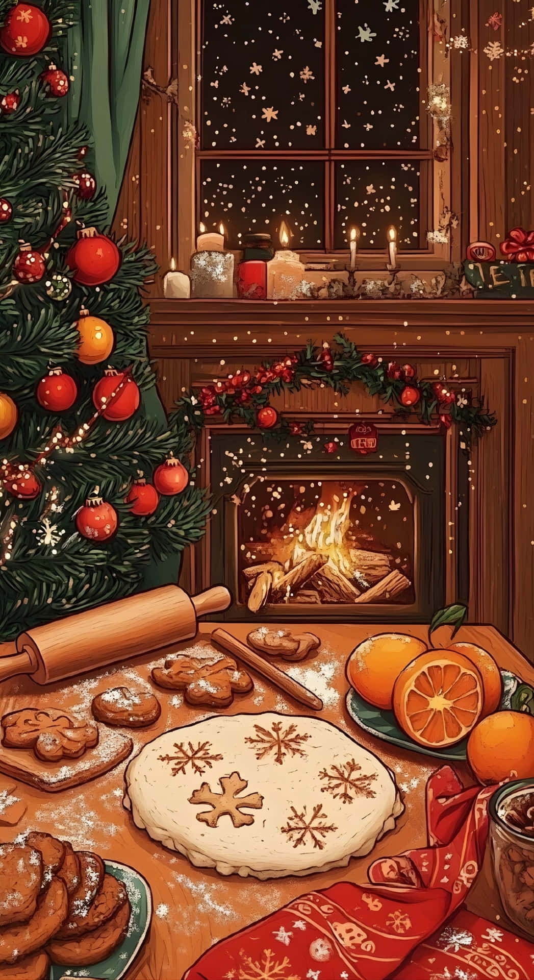  壁紙 — 舒適的聖誕廚房，配有壁爐、雪花曲奇、橙子和在星空窗下裝飾的聖誕樹。